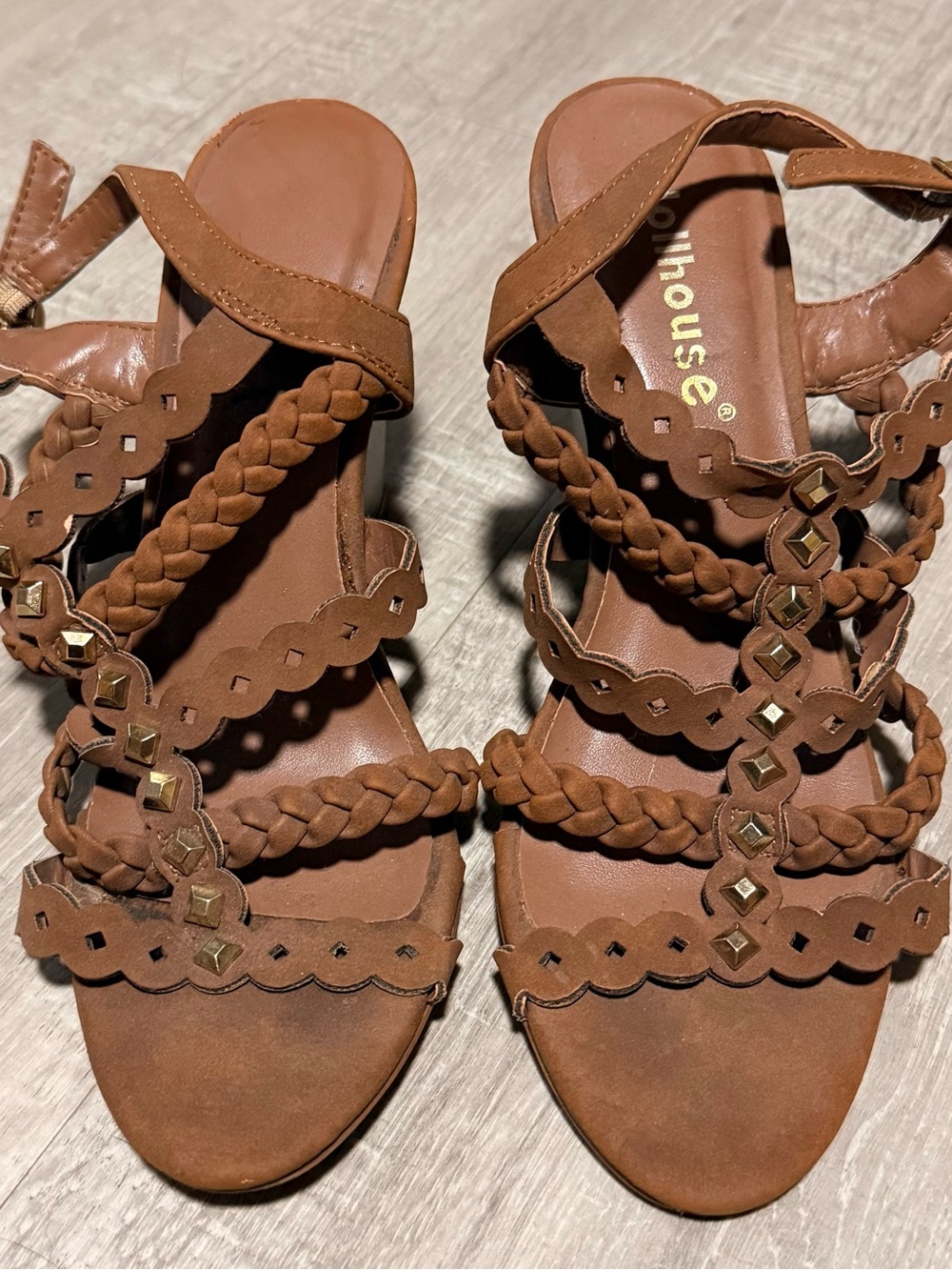 Dollhouse Tan Braided Strappy Sandals with Stud Accents